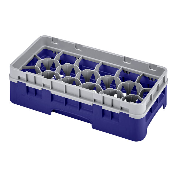 A navy blue and white plastic Cambro glass rack with 17 compartments.