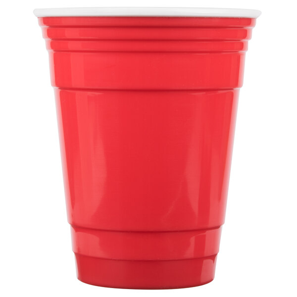 A red 16 oz. reusable plastic tumbler.