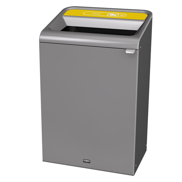 A grey rectangular Rubbermaid recycling container with a yellow lid.