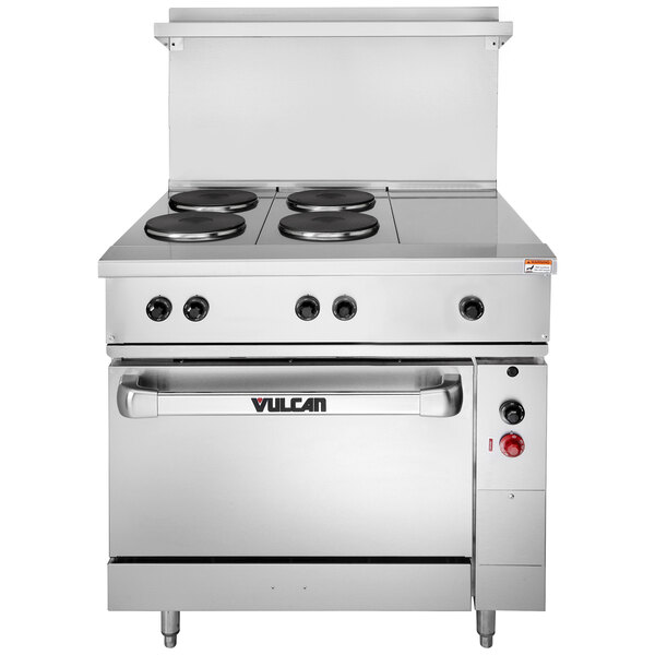 A large stainless steel Vulcan commercial electric range with French plates and a hot top.