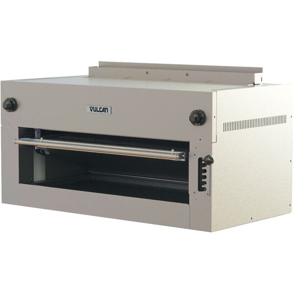 A white Vulcan electric salamander broiler with a metal door.
