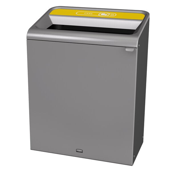 A grey rectangular Rubbermaid recycling container with a yellow lid.