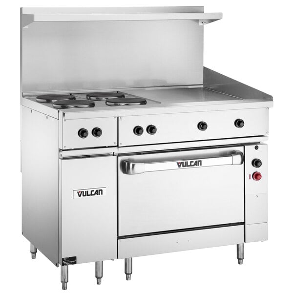 A stainless steel Vulcan Endurance commercial electric range with French plates and a griddle.