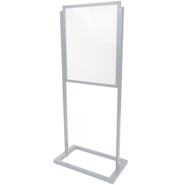 A silver rectangular sign holder with a white background.