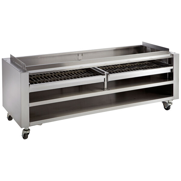 A stainless steel Wolf wood assist stand with two wood trays.