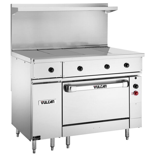 A large stainless steel Vulcan range with a door.
