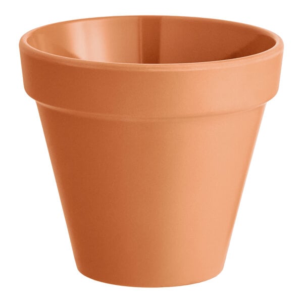 A small terra cotta-colored melamine pot with a classic tapered shape.