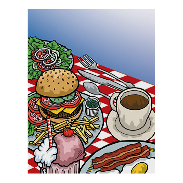 An illustrated diner-themed menu cover featuring a burger, fries, milkshake, coffee, and breakfast plate on a red and white checkered tablecloth.