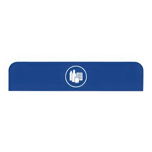 A blue rectangular Rubbermaid sign with white text and a white circle with white objects inside.