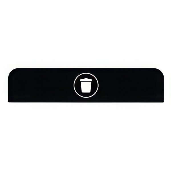 A black rectangular sign with white text and a white circle with a white object inside it.