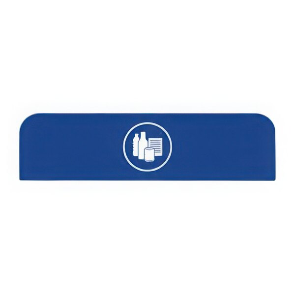 A blue rectangular sign with white text and white circles.
