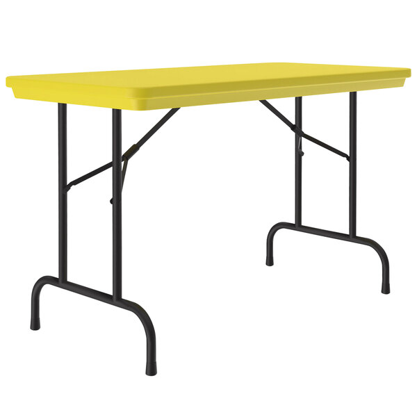 A yellow rectangular Correll folding table with black legs.