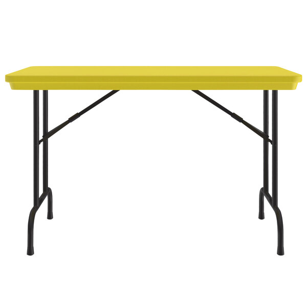 A yellow rectangular Correll R-Series folding table with black legs.
