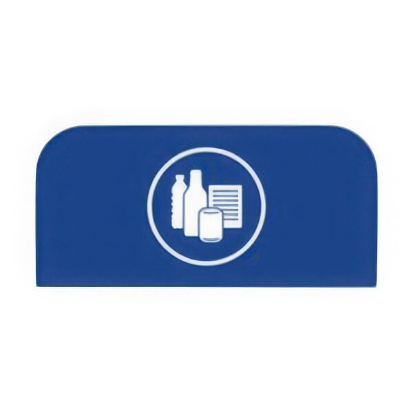 A blue rectangular sign with a white circle and white objects in it.