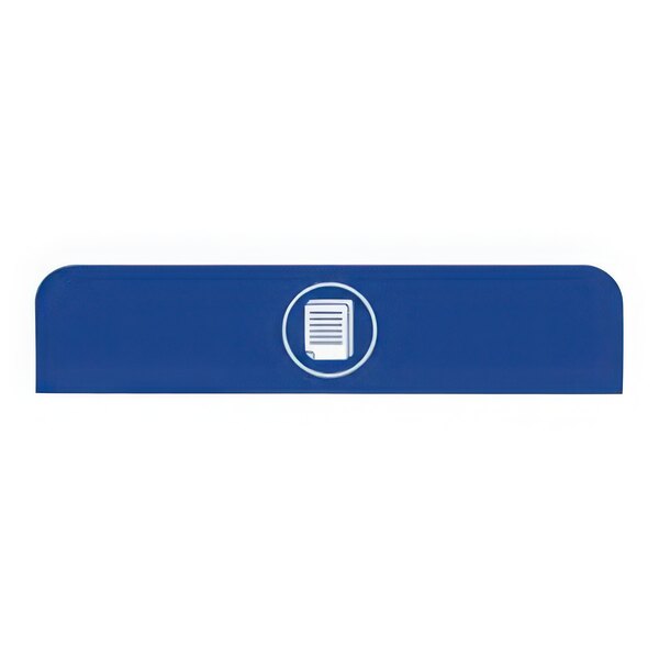 A blue rectangular Rubbermaid sign with white symbols for recycling and waste.