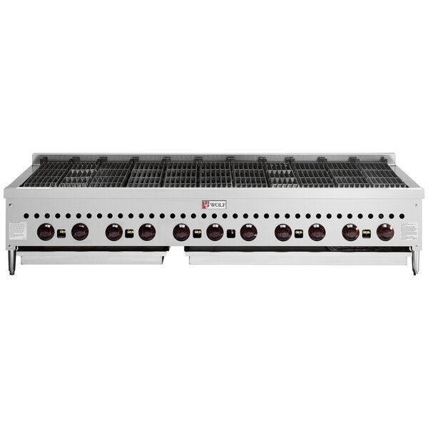A Wolf stainless steel radiant gas charbroiler with four burners.