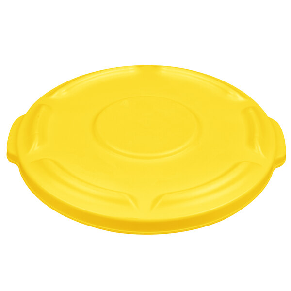 A yellow plastic lid for a Rubbermaid BRUTE trash can with a handle.