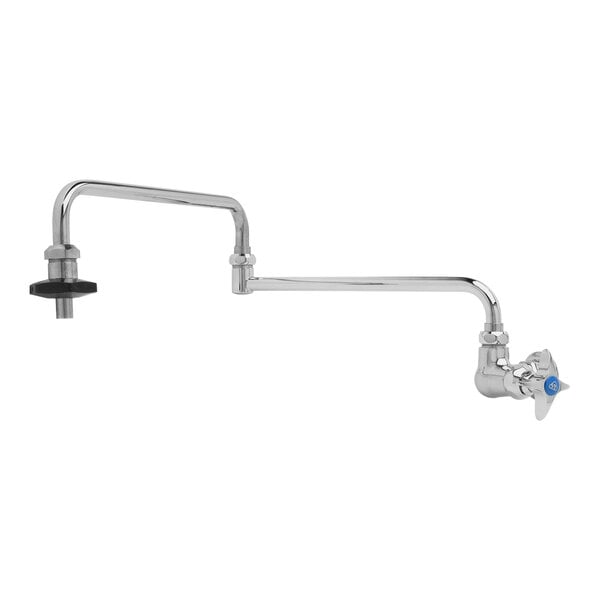 A stainless steel T&S wall mounted pot filler faucet with a long silver arm and a blue handle.