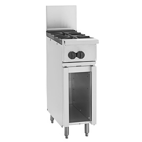 A stainless steel Wolf commercial gas range with two burners and a cabinet base.