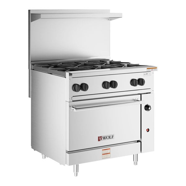 A commercial stainless steel gas range with six burners and a standard oven.