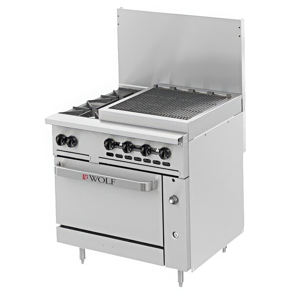 A stainless steel Wolf commercial gas range with 2 burners, a grill, and an oven.