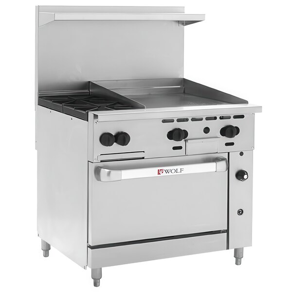 A Wolf stainless steel commercial gas range with two burners.