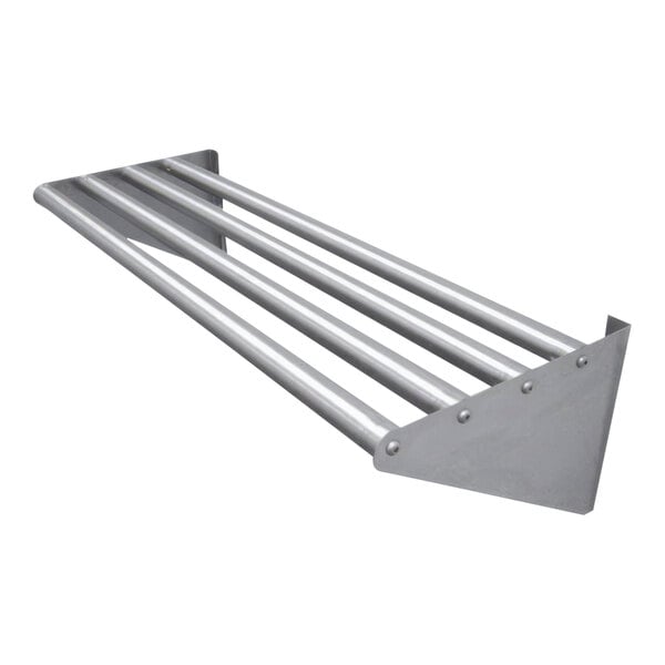A stainless steel wall mounted rack with four tubular bars.