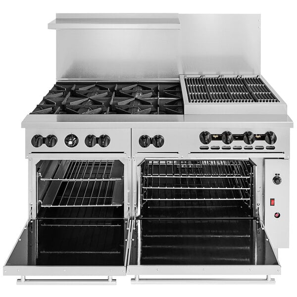 A stainless steel Wolf commercial range with a standard and convection oven and six burners.