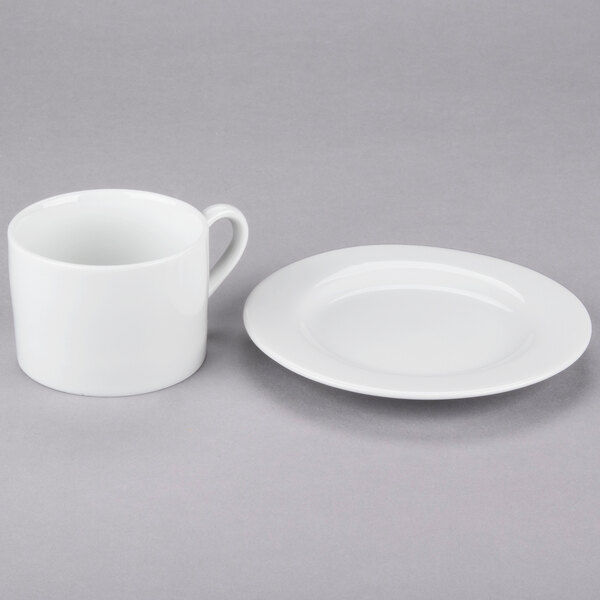 A 10 Strawberry Street Classic White porcelain cup and saucer on a white surface.