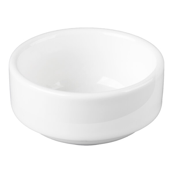 A small, round, white porcelain stackable ramekin.