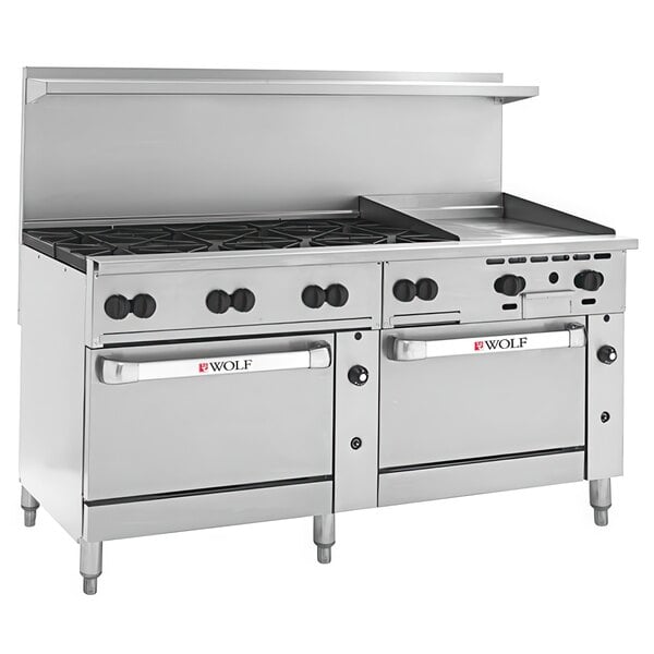 A Wolf stainless steel commercial gas range with 8 burners, a griddle, and 2 convection ovens.