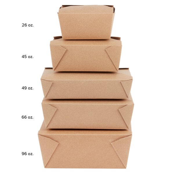 A stack of Fold-Pak Bio-Plus Earth Kraft paper take-out boxes.