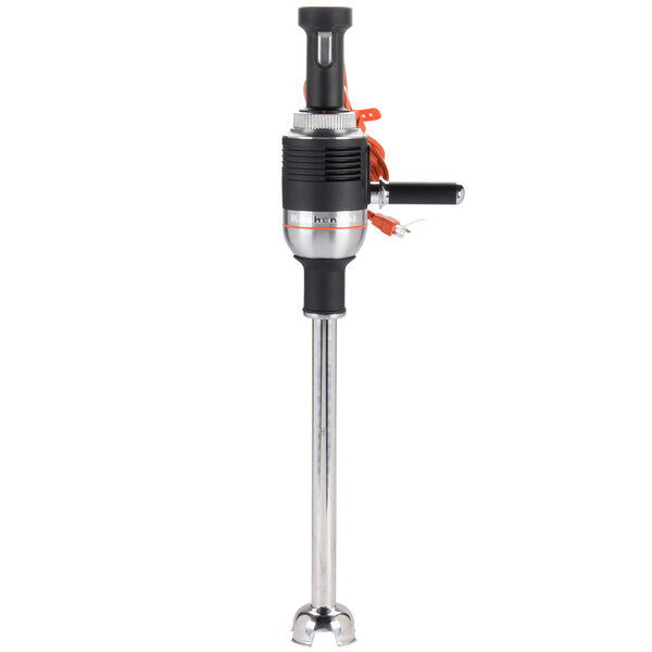 A close-up of a KitchenAid 18" Variable Speed Immersion Blender with an orange and metal hand-held device.