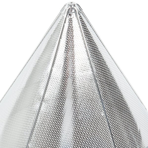 A silver metal cone with holes on a white background.