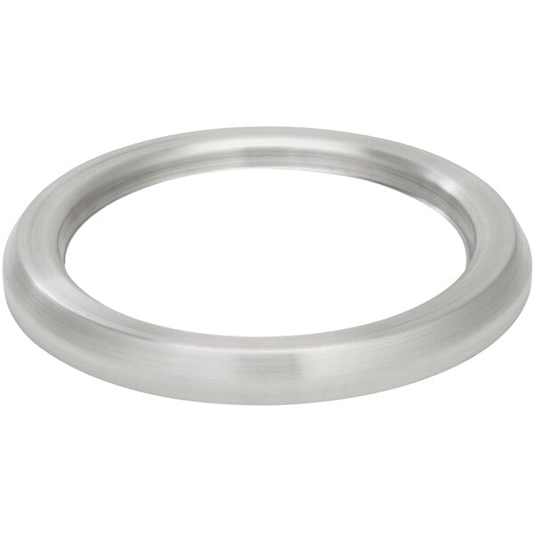 A silver stainless steel ring with a white background.