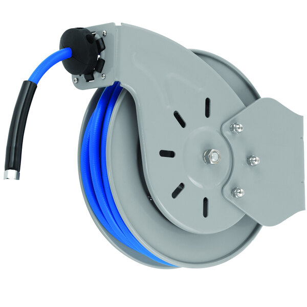 A T&S stainless steel hose reel with blue hose attached to it.