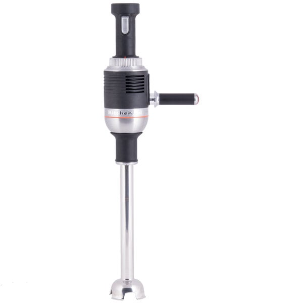 A black and silver KitchenAid 400 Series hand held immersion blender with a metal handle.