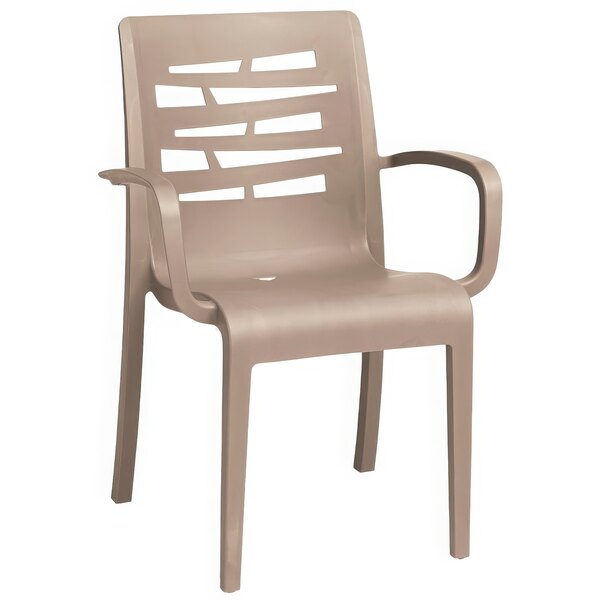 A Grosfillex plastic outdoor restaurant chair in taupe with armrests.