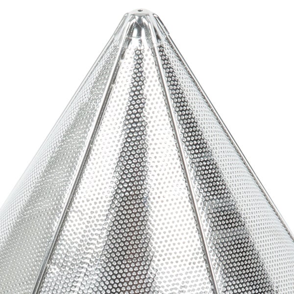A close-up of a Vollrath Fine China Cap Strainer, a metal cone with a fine mesh bottom.