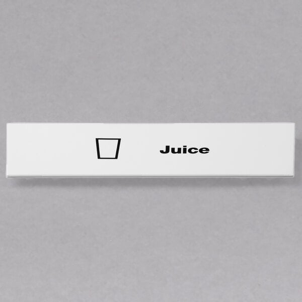 A white rectangular Cambro juice extender clip with black text that reads "juice"