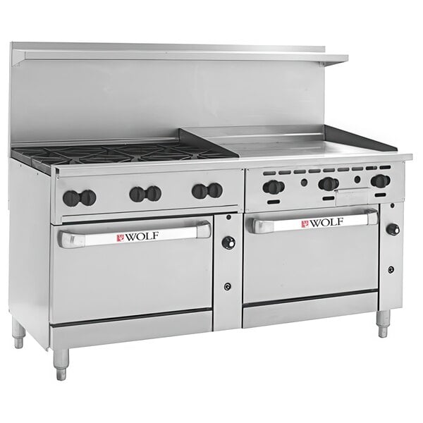 A Wolf Challenger XL liquid propane range with 6 burners and a griddle over two ovens.