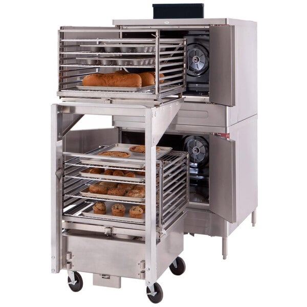 Baked goods being rolled into a Blodgett double deck convection oven