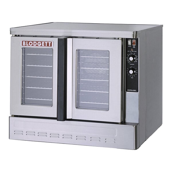 A commercial stainless steel full size bakery depth convection oven with double glass doors and control knobs on the right side.