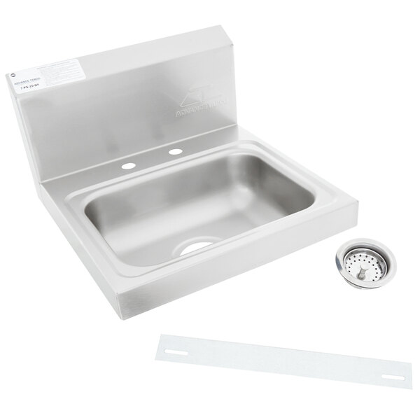 A stainless steel Advance Tabco hand sink with a drain and faucet.