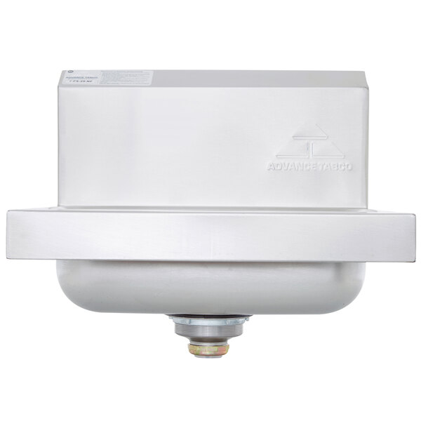 A stainless steel hand sink with a black border and a backsplash.