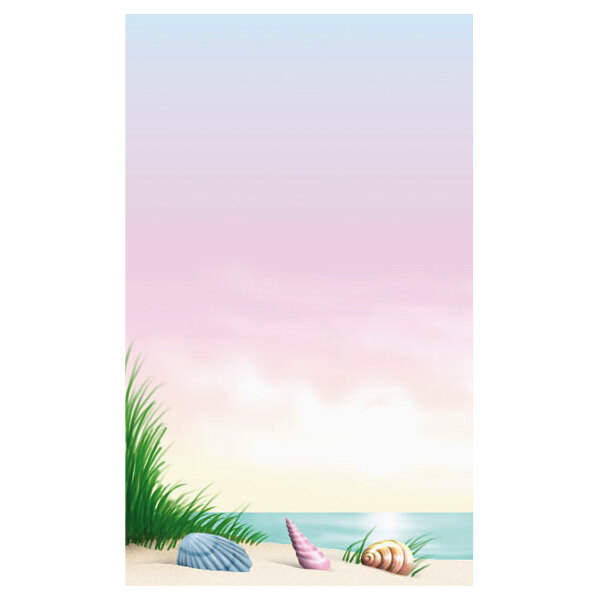 Menu paper with a white background and a coral design with seashells and green plants.