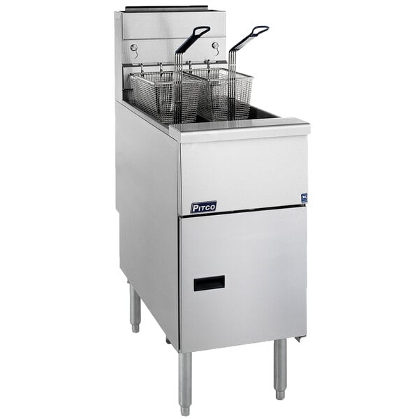 A Pitco stainless steel natural gas floor fryer with two baskets.