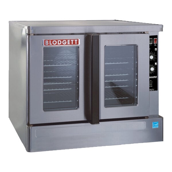 A commercial full-size electric convection oven with double glass doors and a stainless steel exterior.
