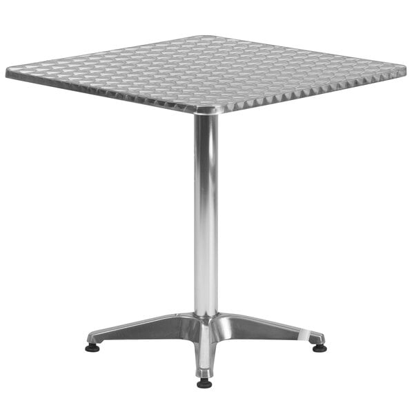 A Flash Furniture square aluminum table with a metal base and 4 chairs.