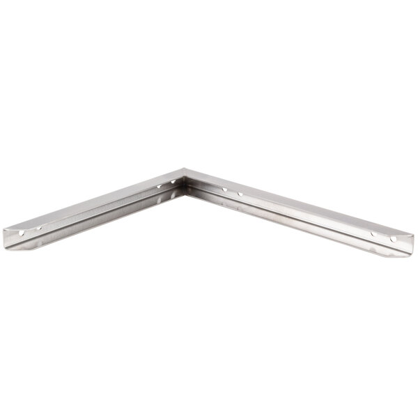 A stainless steel shelf with two Wolf metal brackets.